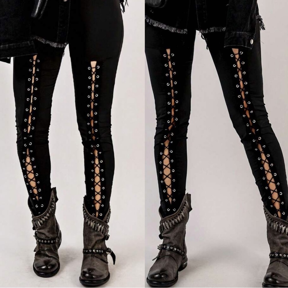 Black Vegan leather lace up Moto fitted Leggings